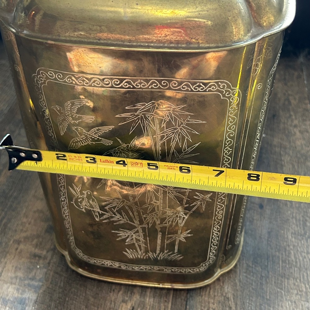 Vintage Large Etched Brass Chinoiserie Tea Caddy Canister Hong Kong Birds Bamboo - Picture 12 of 12